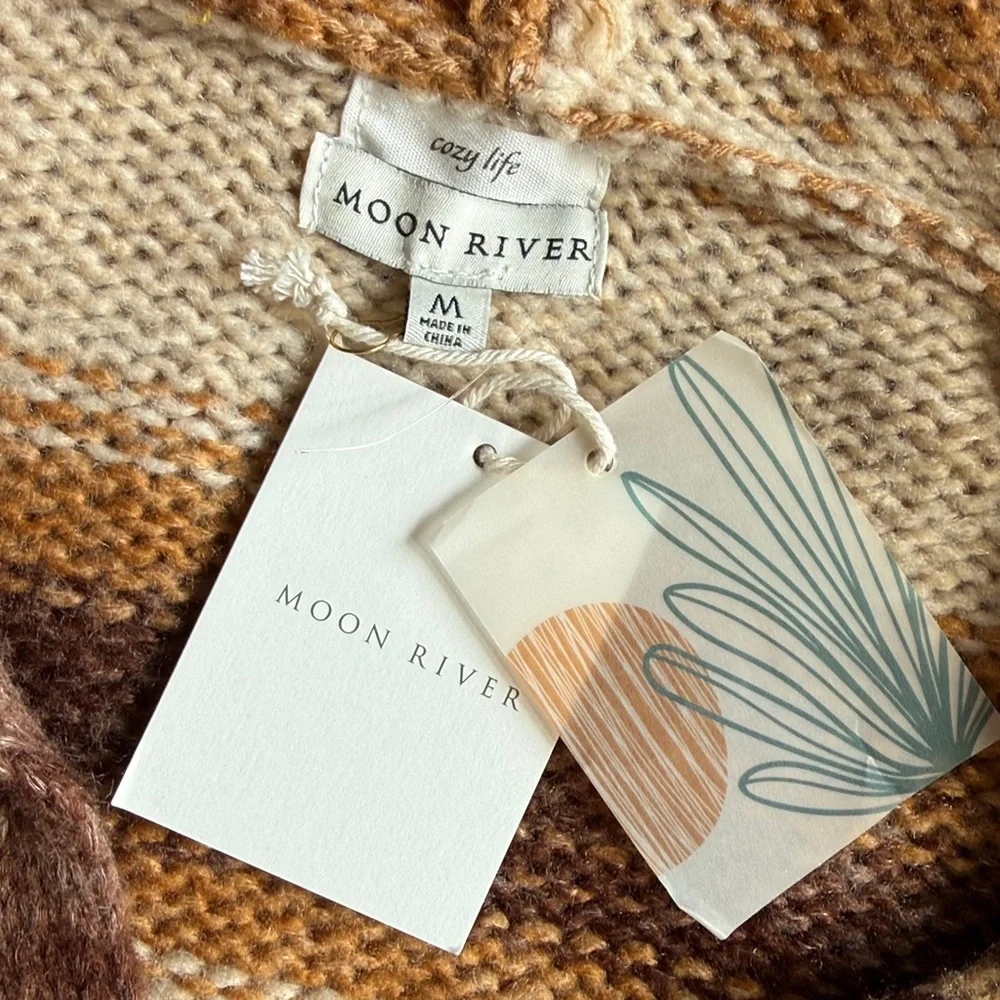 NWT Moon River Anthro Brown Cream Striped Knit Hoodie Sweater Jogger Pants M - Picture 7 of 8